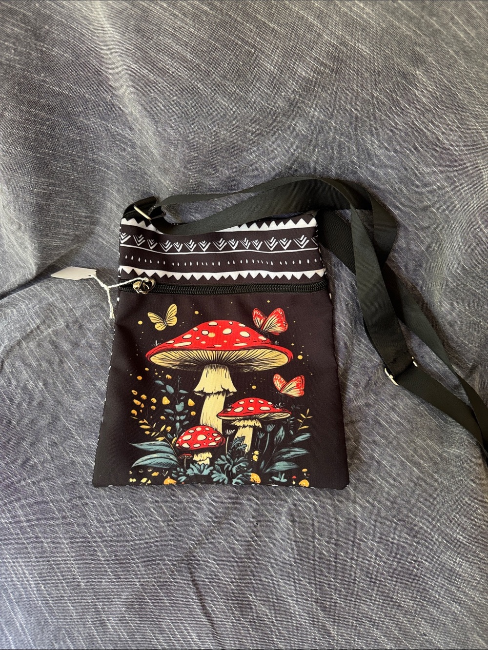 Crossbody Bag with Red Mushroom & Butterfly Print - Black